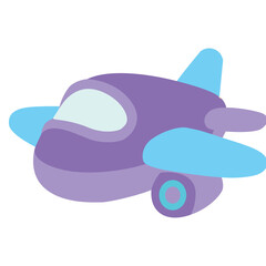 Cute purple and blue toy airplane illustration in pastel colors, ideal for kids’ play, transport, and cartoon graphics.