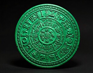 Circular green stone carving with intricate patterns