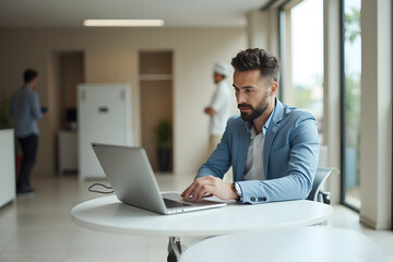 Man Typing on Laptop at Modern Office Table Working Focus