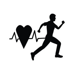 Silhouette of runner with heart and heartbeat symbol conveying healthy lifestyle