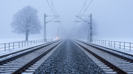 Foggy winter landscape with railway tracks covered in snow.