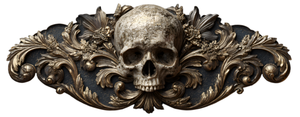 Vintage decorative element engraving with Baroque ornament and skull