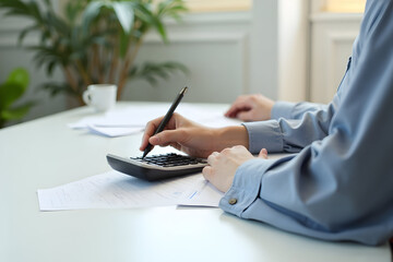 Calculating Finances Using Calculator and Pen at Desk