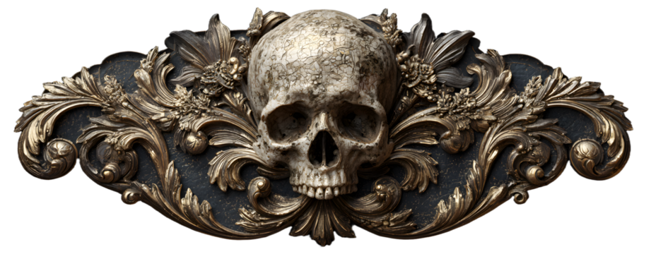 Vintage decorative element engraving with Baroque ornament and skull