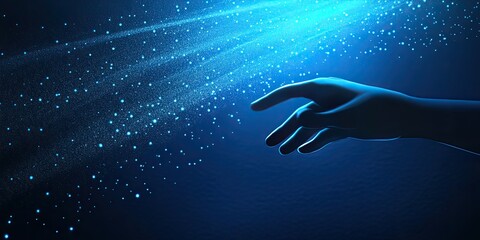 A silhouetted hand reaches towards a radiant, blue, particle-filled light, suggesting creation, connection, or divine intervention