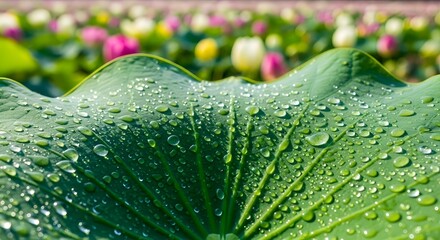Jewels of the Pond: A close-up of a vibrant green lotus leaf, beaded with sparkling morning dew, with a soft, colorful tapestry of lotus flowers in the background