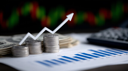 Wide Angle Full Shot of Economic Strategy Concept with Rising Tariff Rate Graph, US Currency Spread, and Financial Documents on Polished Desk with American Flag Overlay