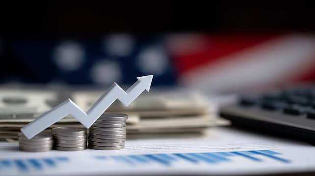 Dramatic Financial Scene Depicting Trade Policy Changes and US Tariff Growth with Bold Upward Arrow, Dollar Bills, Coins, and Tax Charts in a Strategic Planning Environment