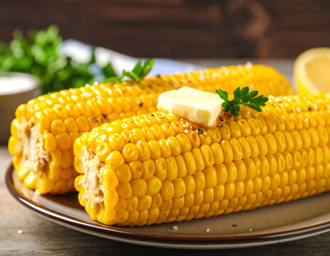 Boiled corn on the cob with melted butter dripping, close-up shot, high detail - Powered by Adobe