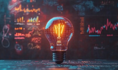 Glowing lightbulb with intricate filament sits on a circuit board against a backdrop of financial charts and data visualizations, suggesting innovation and market insights
