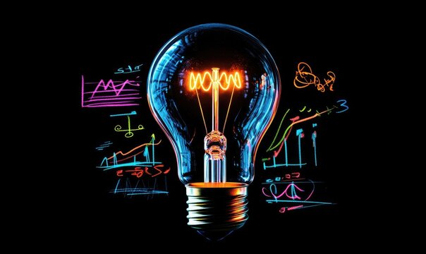 Glowing lightbulb with vibrant, hand-drawn graphs and equations surrounding it on a black background