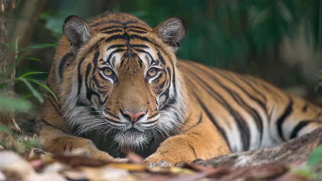 Endangered malayan tiger resting on forest floor in dense tropical rainforest under dappled sunlight, vibrant orange fur and bold black stripes contrasted by lush green foliage, wildlife conservation 