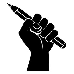 A powerful symbol of creativity and protest, a black and white graphic of a fist holding a pencil, representing art, writing, and freedom of expression. © Suriya