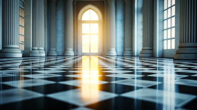 Elegant interior of a grand hall with polished checkered floor reflecting sunlight through arched windows