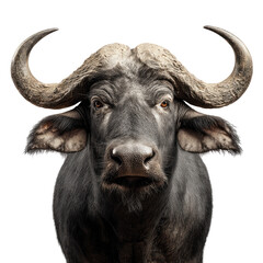 Fototapeta premium Close-up of a buffalo's head, strong horns, intense gaze