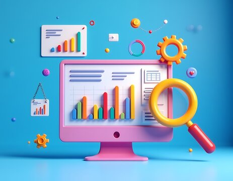 Colorful digital analytics data visualization with magnifying glass and gears charts graphs - Powered by Adobe