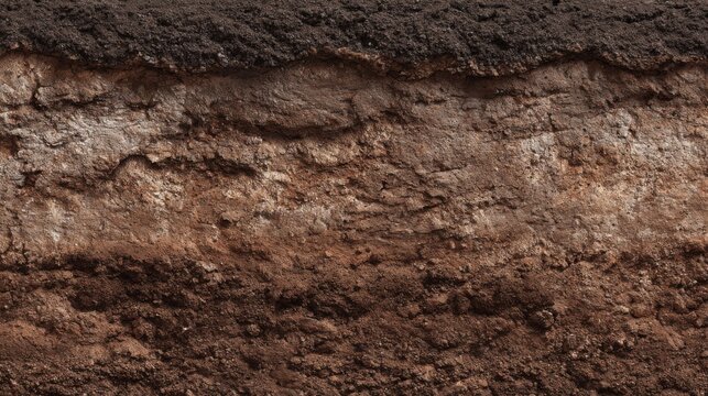Detailed view of soil stratification reveals distinct layers of different textures and colors, highlighting the natural processes of sedimentation in an agricultural area.