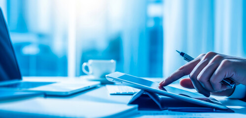 Hand using calculator with laptop and coffee cup in a bright office, performing financial calculations and reviewing data during a focused work session in a clean workspace.