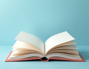 Open book with blank pages on a blue background white