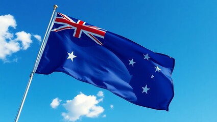 The australian flag flutters proudly against a clear blue sky