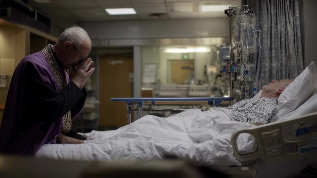 Chaplain praying silently at the bedside of a seriously ill patient in a sterile hospital ward creating a moment of solace and hope.