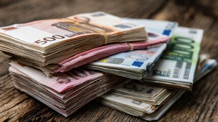 Multiple bundles of euro banknotes are neatly arranged on a weathered wooden table. The notes display a range of denominations, highlighting their distinct colors and designs in a well-lit setting.