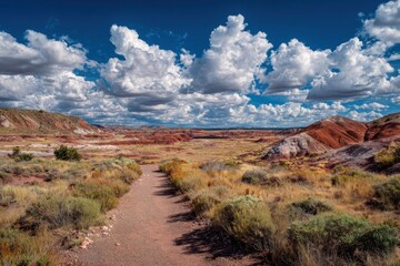 Obraz premium Scenic Desert Trail Under Dramatic Cloudscape: Arizona's Painted Desert Landscape.
