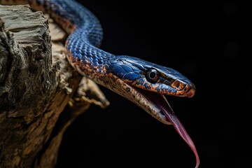 A vibrant blue snake with orange markings, partially coiled on weathered wood, its tongue extended, against a stark black backdrop