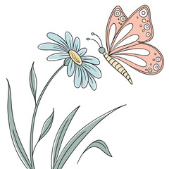 Obraz premium Delicate pink butterfly with intricate wing patterns gracefully approaching a light blue daisy flower with green leaves silhouette