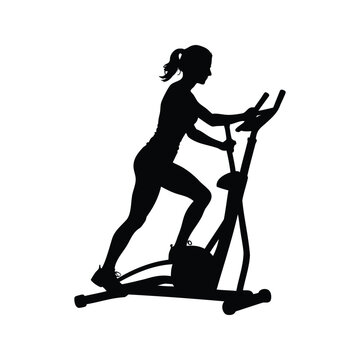 Silhouette of woman exercising on elliptical machine, isolated on white background