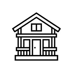 A clean black and white outline icon of an alpine chalet with a sloping roof, wooden balcony, and decorative beams, drawn in a minimalist linear style.
