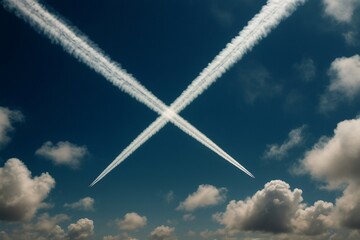 Two contrails crossing forming an x shape in the blue sky