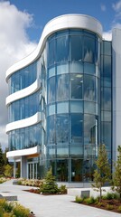 Modern glass office building with curved facade, landscaping