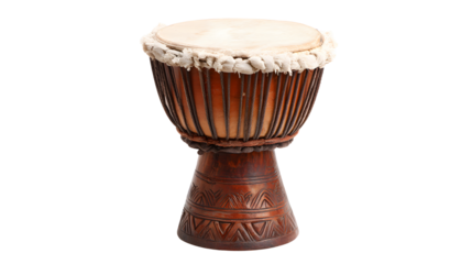 Wooden djembe drum with skin head, rope tuning system, and carved base on transparent background