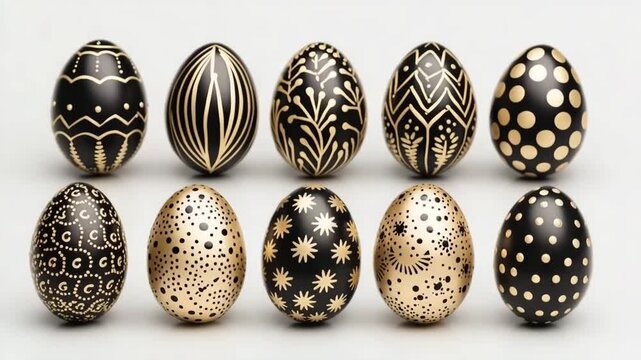 A collection of black and golden easter eggs featuring delicate floral patterns set against a clean white background. Perfect for easter-themed concepts and spring celebrations.