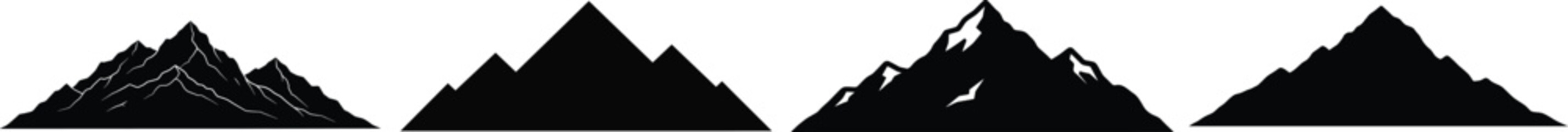 Four stylized, black mountain silhouettes, varying in shape and texture, arranged horizontally.