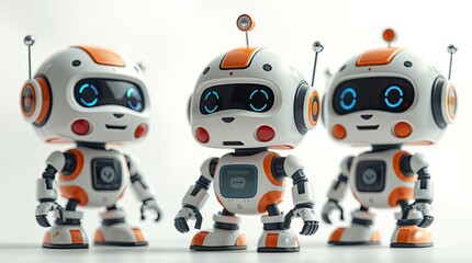 Three charming robots with playful features stand together highlighting their distinct designs bright colors and expressive faces in a contemporary setting