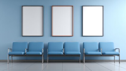 Serene Blue Waiting Room with Empty Chairs and Three Blank Poster Frames