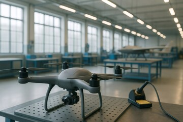 Fototapeta premium Professional drone standing on a table in a bright factory or laboratory