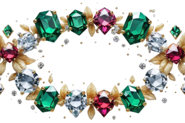 A luxurious wreath of sparkling emeralds, rubies, and diamonds, with golden leaves creating an elegant jewelry frame illustration.