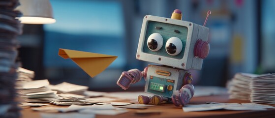 Cute toy robot with paper airplane on messy desk, 3D render