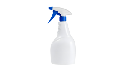 White spray bottle with blue nozzle for cleaning and disinfection on transparent background
