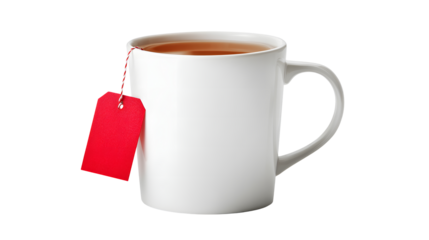 White mug with tea and a red tag, beverage for relaxation on transparent background