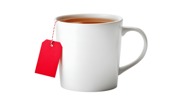 White mug with tea and a red tag, beverage for relaxation on transparent background