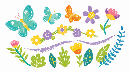 Illustration of butterflies, flowers, leaves, and a floral headband with a watercolor style effect
