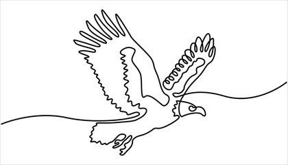 An eagle soars in the sky with its wings spread wide. A large bird of prey flies in the air. Eagle as symbol USA. One line continuous bird Line art, One single line eagle isolated on white background.