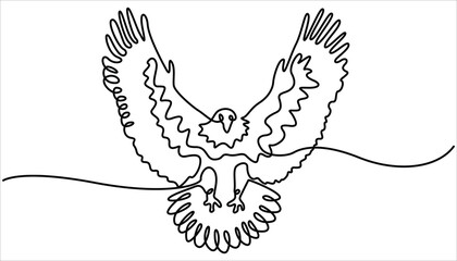An eagle soars in the sky with its wings spread wide. A large bird of prey flies in the air. Eagle as symbol USA. One line continuous bird Line art, One single line eagle isolated on white background.