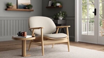 Light beige upholstered wooden armchair and small round side table in a living room.