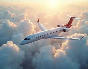Fototapeta premium White jet airplane with red accents flying through clouds at sunset aircraft