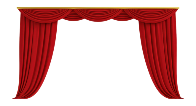 Elegant red theater curtains with golden trim isolated PNG with Transparent Background